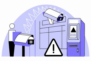 Poster - An illustration depicting surveillance cameras, a warning sign, and an automated kiosk, emphasizing security and monitoring.
