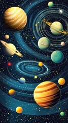 Wall Mural - A colorful stylized illustration of planets within a starry cosmos