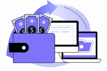 Poster - A graphic illustrating digital finance with a wallet, cash, and computers, symbolizing online payment and financial management.