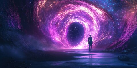 Wall Mural - A person stands before an opening into a vibrant cosmic portal