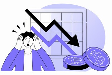 Poster - An illustration depicting a distressed person with hands on their head, alongside a graph showing a downward trend and Bitcoin coins, symbolizing financial stress.