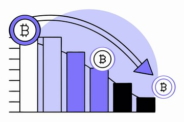 Poster - A stylized graph showing fluctuating Bitcoin values, with bars in varying shades and Bitcoin symbols indicating market trends.