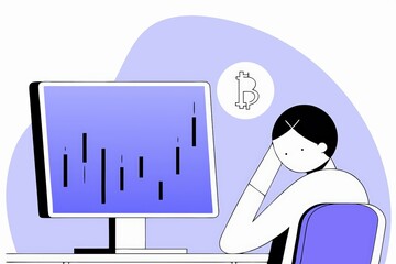 Poster - A person appears stressed while looking at a computer screen displaying financial data, with a Bitcoin symbol indicating cryptocurrency concerns.