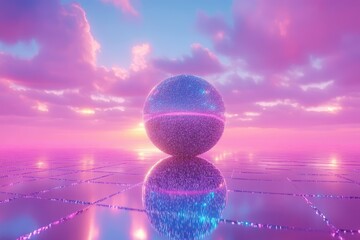 Poster - A reflective sphere sits in an abstract colorful dreamscape scene