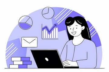 Poster - A woman works on a laptop, surrounded by graphs and charts, symbolizing data analysis and productivity in a modern workspace.