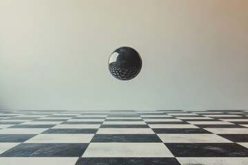 Poster - A spherical object levitates over a checkered surface