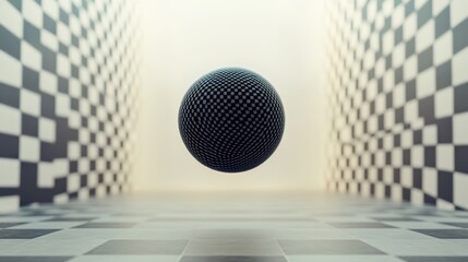 Poster - A checkered sphere floats within a checkered architectural pathway