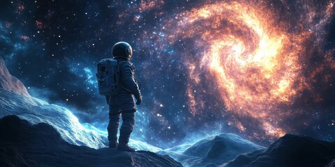 Wall Mural - an astronaut stands on a rocky surface looking at the galaxy
