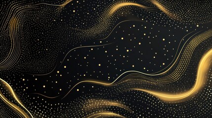 Wall Mural - Abstract golden flowing lines with dotted patterns on black background