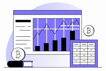 Poster - A digital illustration depicting a financial chart with cryptocurrency elements, highlighting trends and data in a modern, minimalistic style.