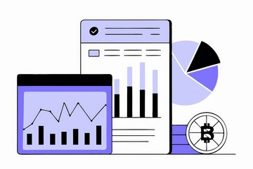 Poster - A digital illustration showcasing financial data with charts, graphs, and a Bitcoin symbol, representing cryptocurrency analysis and market trends.