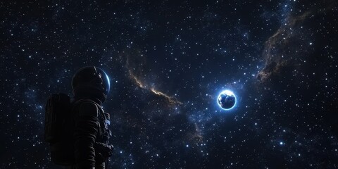 Wall Mural - an astronaut contemplates the beauty of space and the distant planet