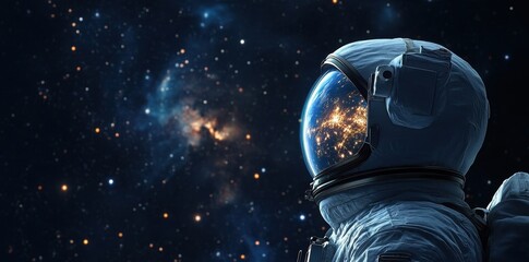 Wall Mural - an astronaut looking towards a lighted earth in space