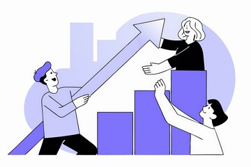 Poster - A graphic depicting three people collaboratively working on a rising graph, symbolizing teamwork and progress in a professional setting.