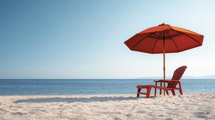 tranquil beach scene; red chair and umbrella on sandy shore under clear sky