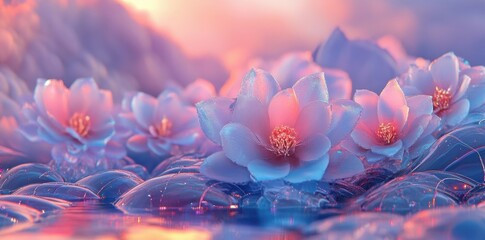 Poster - A serene scene of beautiful illuminated flowers and water