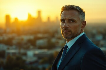 Poster - Confident businessman silhouetted against a vibrant sunset cityscape, exuding success and ambition.