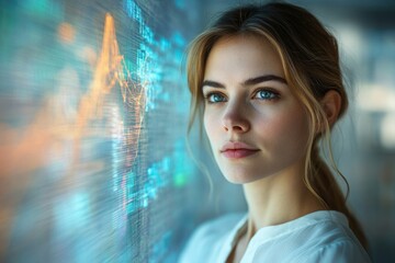 Poster - A young woman thoughtfully observes a dynamic data visualization, showcasing technological advancement and analytical prowess.
