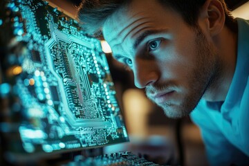 Poster - A focused young man intently examines a glowing circuit board, meticulously inspecting its intricate details.