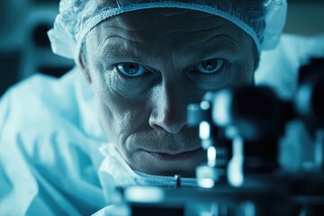 Poster - Focused scientist in sterile environment intensely observing through a high-tech microscope.