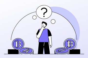 Poster - A person contemplates cryptocurrency choices, surrounded by Bitcoin symbols, representing uncertainty in digital currency investments.