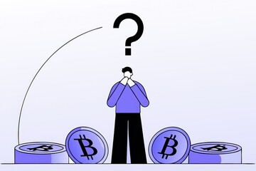 Poster - A person stands thoughtfully among Bitcoin coins, symbolizing uncertainty and contemplation about cryptocurrency.