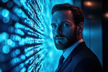 Aufkleber - A serious businessman stands before a wall of blue binary code, representing technology and data.