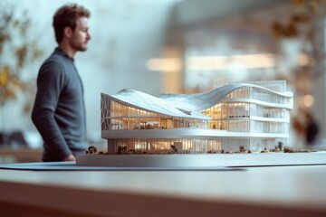 Poster - Architectural model of a modern, sleek building with curved lines and glass facade, showcasing innovative design.