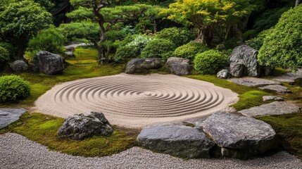 Poster - Serene Japanese Zen Garden with Raked Sand, Rocks, and Lush Greenery Emphasizing Tranquility and Nature's Beauty in a Peaceful Outdoor Space
