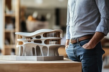Poster - Architectural model of a futuristic, biomorphic building with curved lines and large windows.