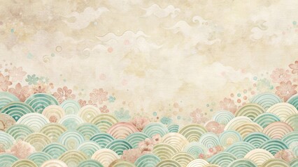 Canvas Print - soft pastel hues blend in harmony with delicate wave patterns on a traditional washi paper backgroun