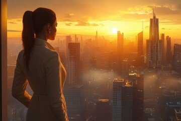 Poster - A businesswoman gazes at a breathtaking futuristic cityscape during a vibrant sunset, contemplating ambition and success.
