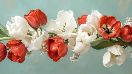 Aufkleber - Vibrant Arrangement of Red and White Tulips on a Soft Gradient Background Ideal for Spring Decor, Floral Designs, and Nature-Inspired Projects