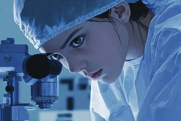 Poster - A young scientist intensely focused on microscopic research, her expression reflecting deep concentration and dedication.
