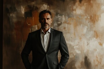 Poster - A mature man in a dark suit, against a textured background, exudes confidence and sophistication.