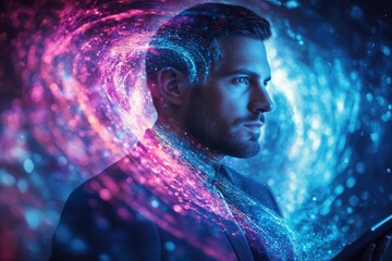 Poster - A man's profile is engulfed in vibrant, swirling data streams, symbolizing digital transformation and innovation.