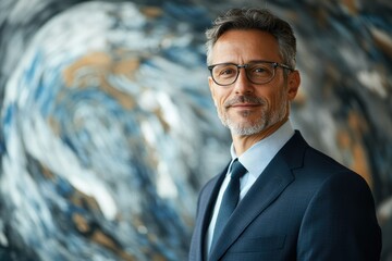 Poster - Confident mature businessman in suit and glasses, portrait against an abstract background.