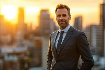Poster - Confident businessman standing in cityscape at sunset, successful entrepreneur.