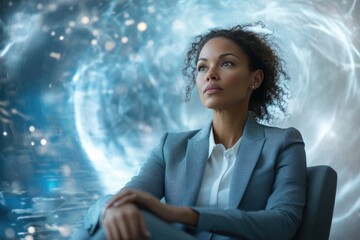 Poster - A thoughtful businesswoman contemplates the future, symbolized by a swirling, ethereal background.