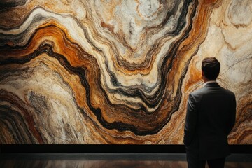 Poster - A man observes a large-scale artwork featuring swirling, earthy tones resembling geological formations.
