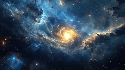 Poster - A brilliant spiral galaxy is depicted amongst celestial clouds and stars