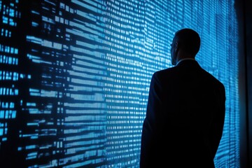 Aufkleber - A businessman stands before a large screen displaying streams of blue data, contemplating insights.