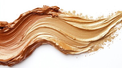 Poster - Glossy golden bronze paint swirl on white background creating an artistic and elegant statement for creative visual projects, art, or design applications.