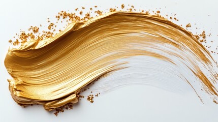 Poster - Golden Brush Stroke Over Soft White Background with Glitter Particles for Abstract Art, Creative Design, and Luxury Aesthetic Projects
