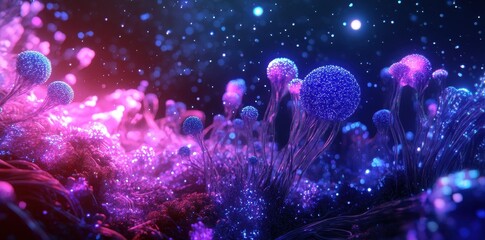 Poster - Illuminated fantastic plant life thrives in a glowing cosmic environment