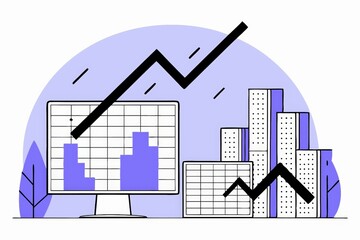 Poster - A digital illustration showing financial graphs and buildings, indicating growth and analysis in a modern urban environment.