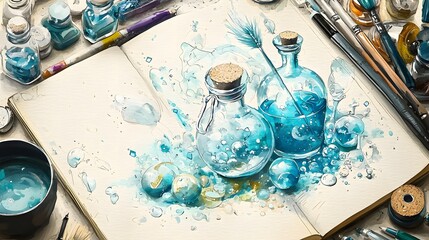Poster - Beautiful artistic painting featuring a book and paint brushes on a table surrounded by creative inspiration