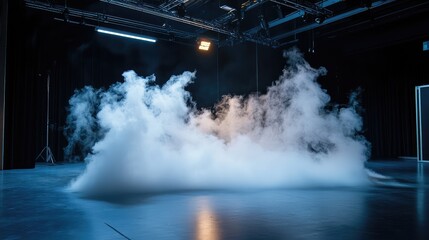 Poster - Soft White Smoke Filling a Dark Studio Space, Creating a Dreamy Atmosphere with Dramatic Lighting Effects for Photography and Artistic Projects