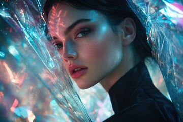 Aufkleber - A woman's face partially hidden behind iridescent plastic, creating a futuristic, ethereal effect.
