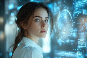 Poster - A young woman with blue eyes gazes intently at a futuristic holographic display.